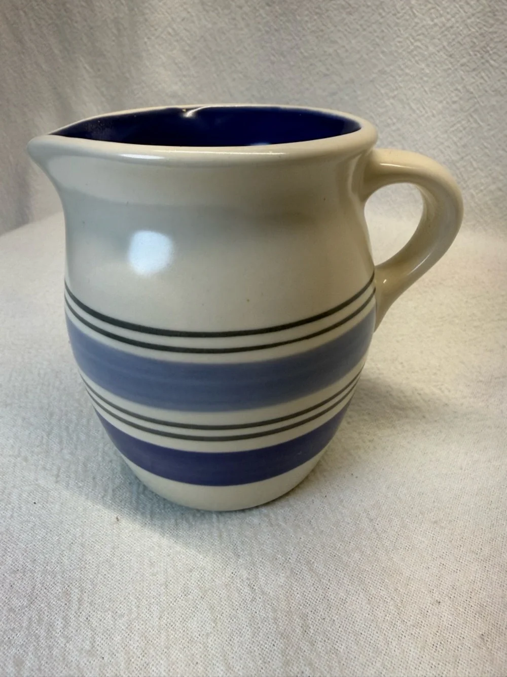 VTG Pfalzgraff Rio Stoneware Creamer blue & gray bands white body blue interior.